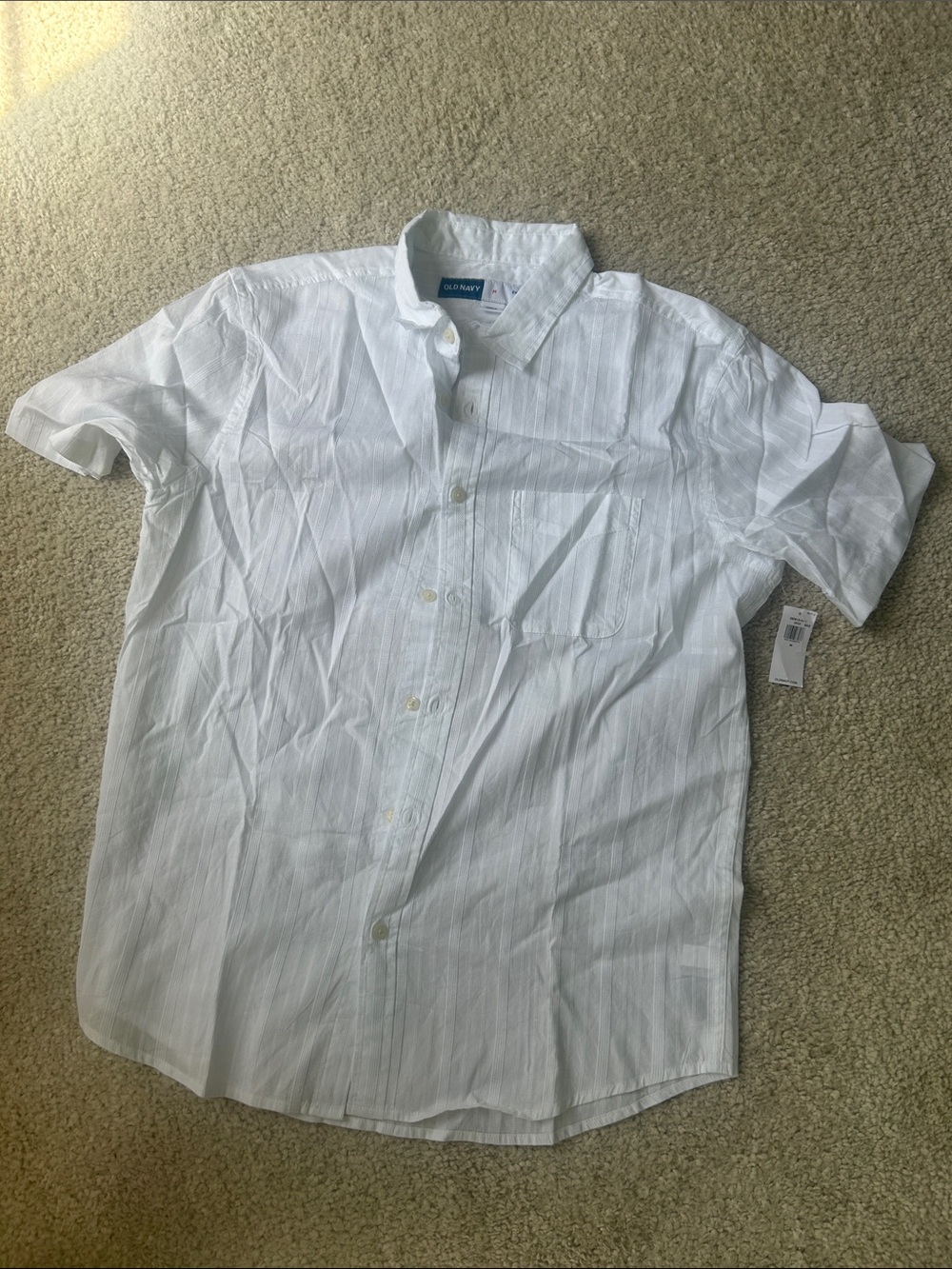 Old Navy White Short-Sleeve Button-Down Shirt with textured Stripes
